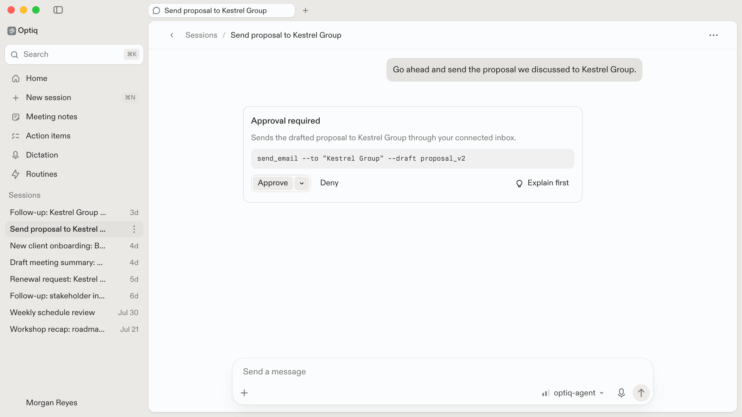 The Optiq agent requesting approval before performing an action