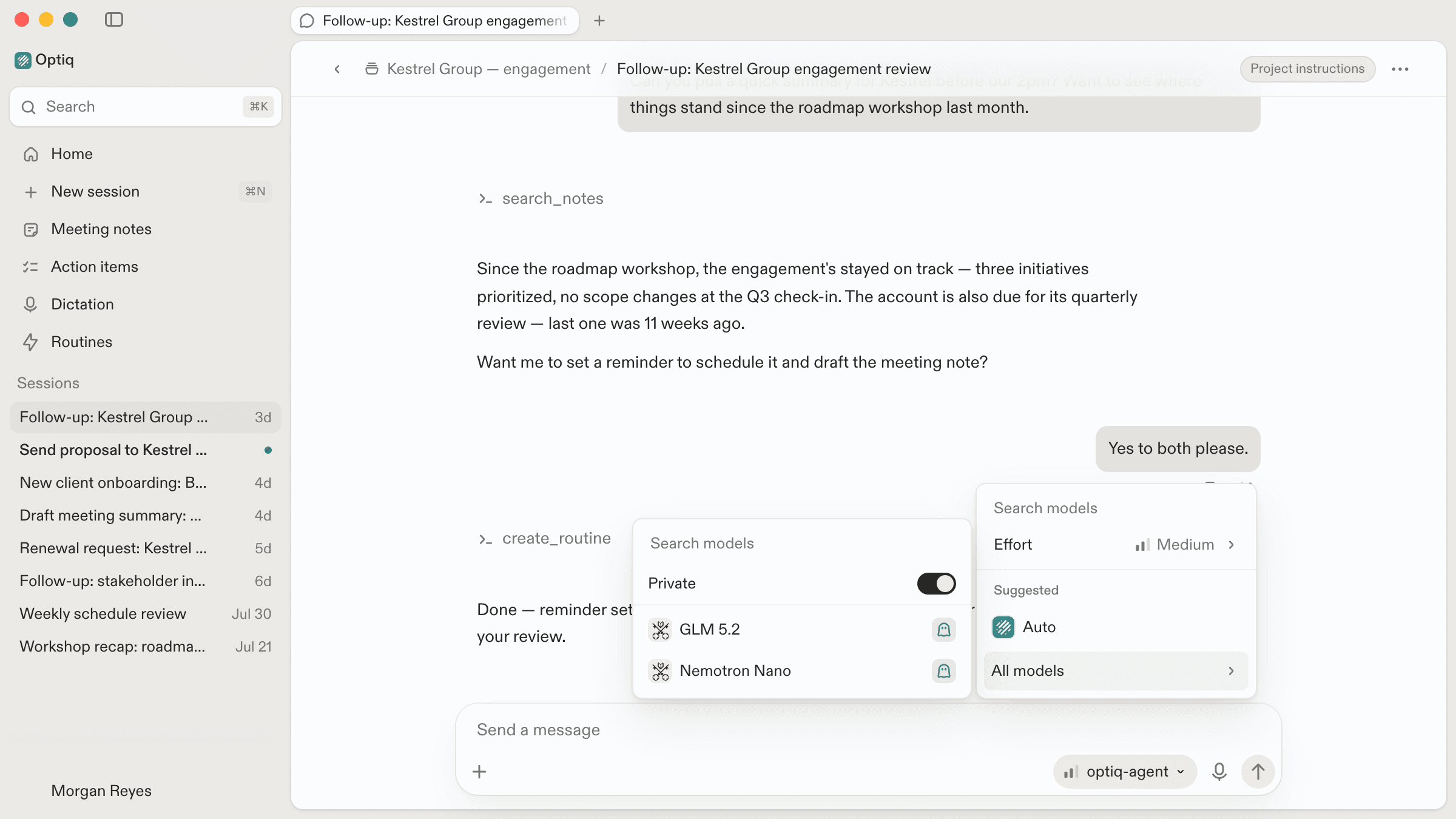 Optiq's chat interface with a private, zero data retention model selected