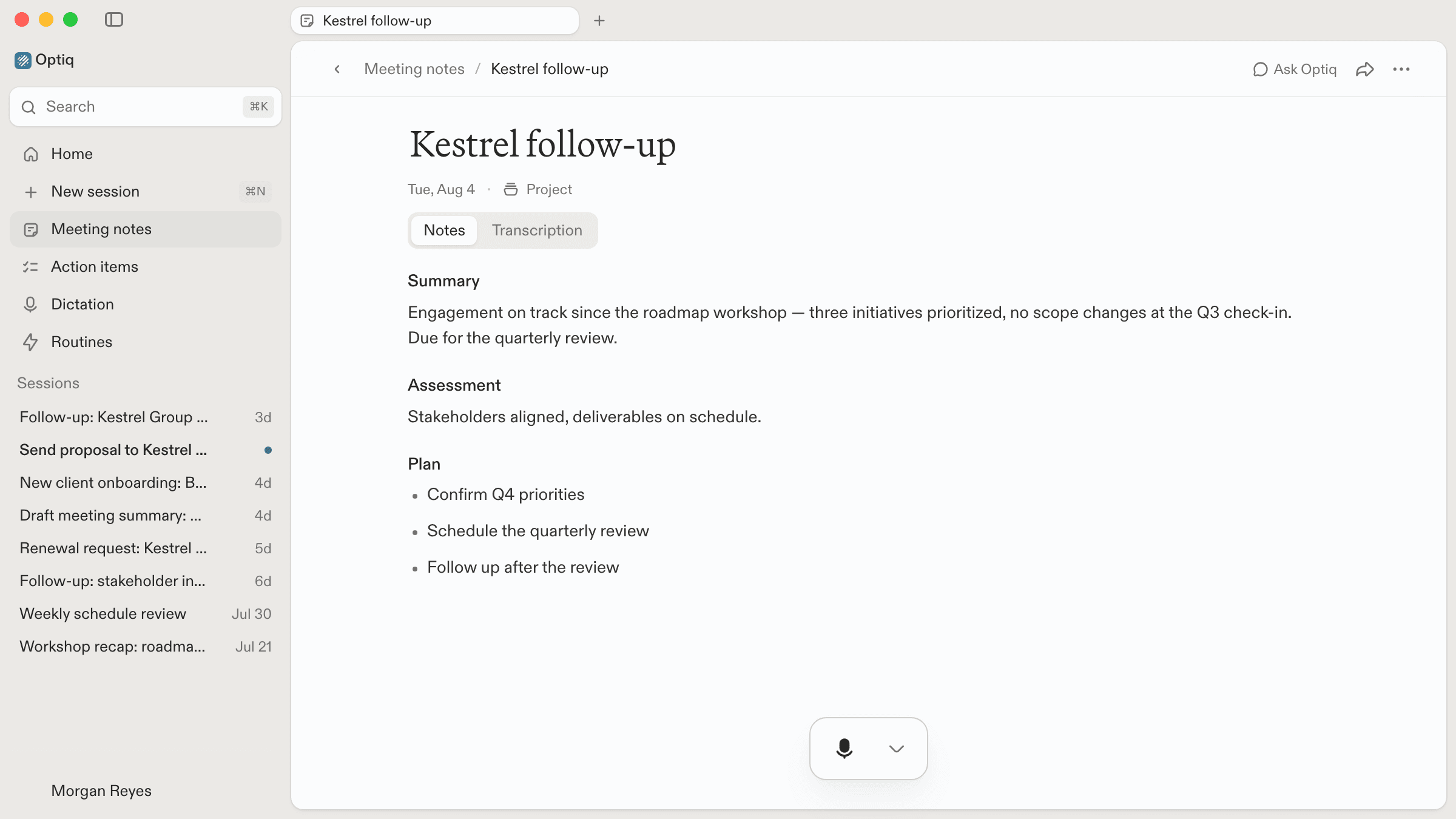 A structured meeting note in Optiq generated without a bot joining the call