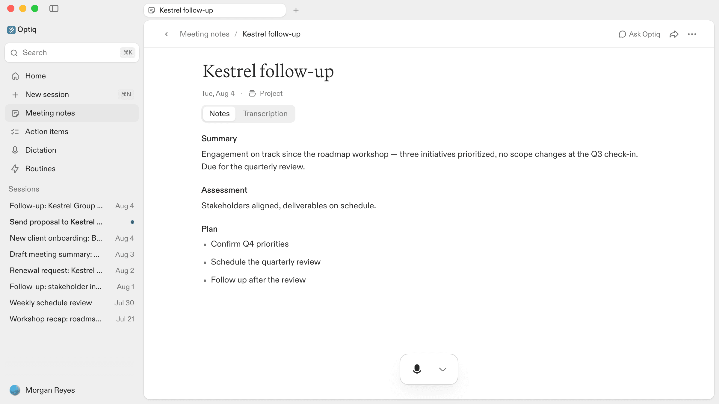 A structured Optiq meeting note showing a summary, assessment, and plan section